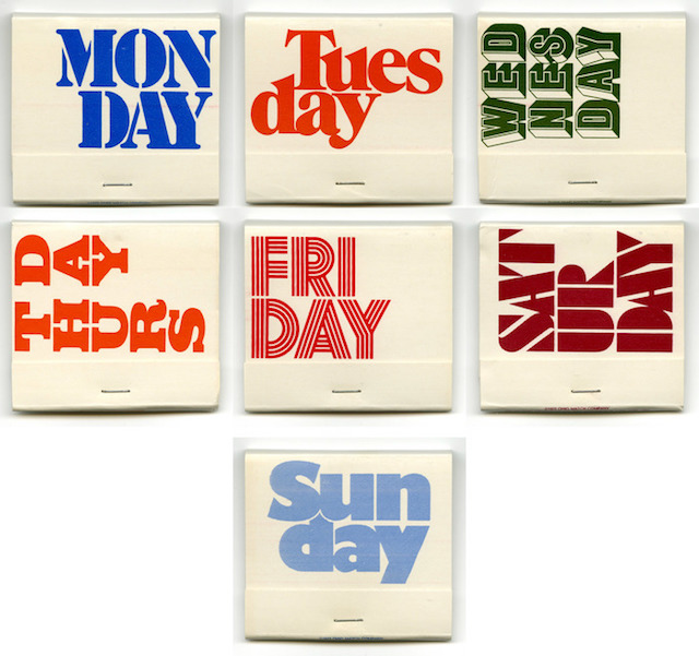 Weekday matchbooks by the Ohio Match Company, 1972